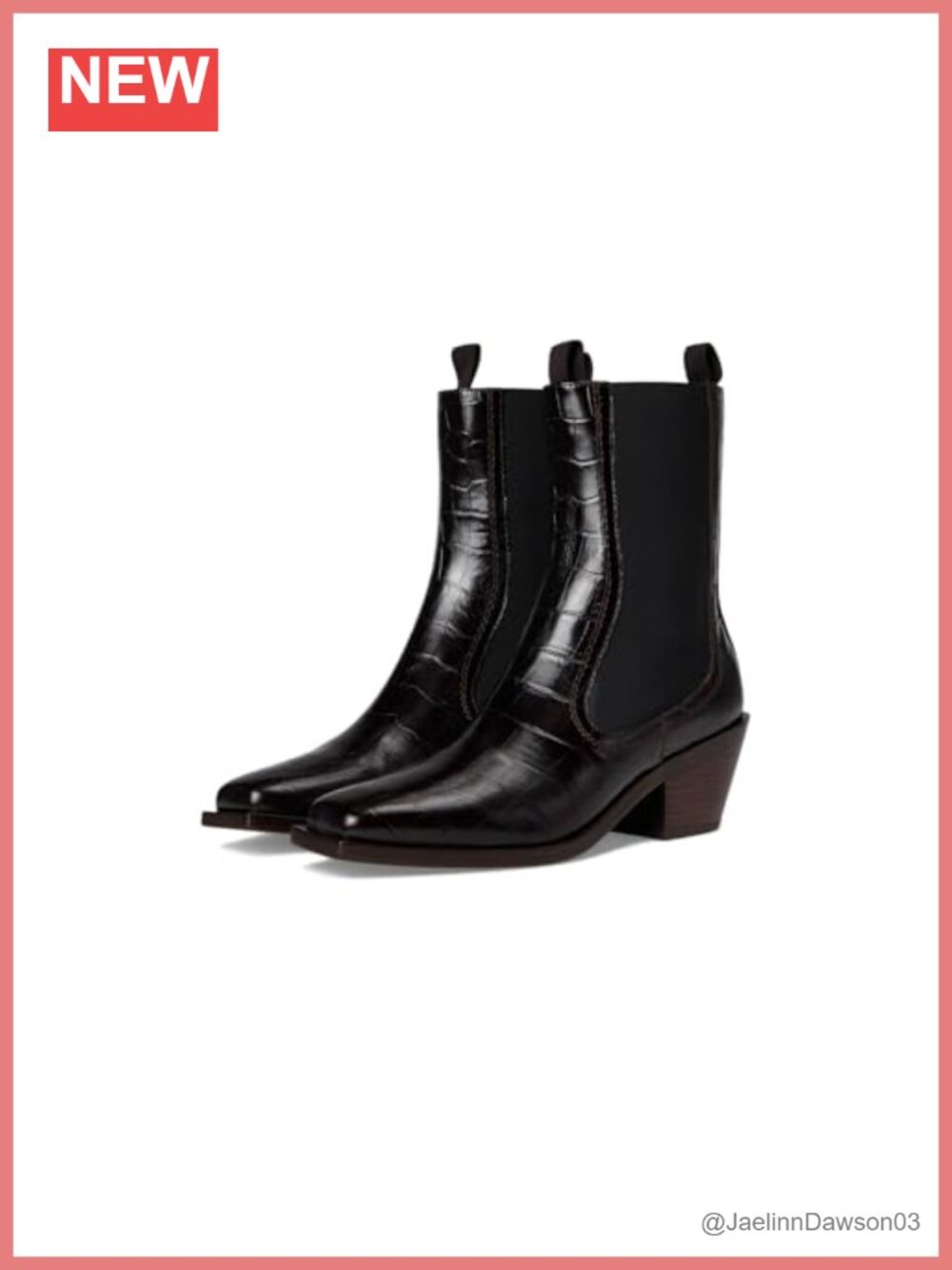 Leather Midheel Western Ankle Boot Block Heel Pull-On Square Toe